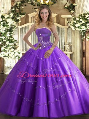 Lavender Tulle Lace Up Quinceanera Dresses Sleeveless Floor Length Beading and Appliques