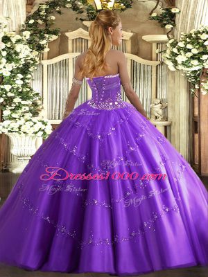 Lavender Tulle Lace Up Quinceanera Dresses Sleeveless Floor Length Beading and Appliques