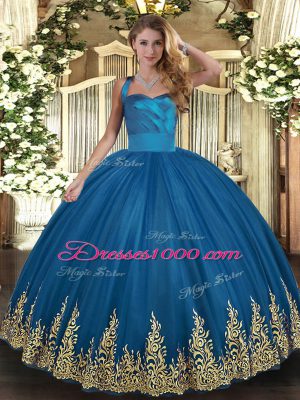 Latest Sleeveless Tulle Floor Length Lace Up Sweet 16 Dress in Blue with Appliques