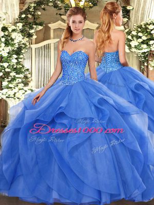 Pretty Sleeveless Tulle Floor Length Lace Up Quinceanera Dresses in Blue with Beading and Ruffles