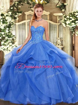 Pretty Sleeveless Tulle Floor Length Lace Up Quinceanera Dresses in Blue with Beading and Ruffles
