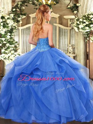 Pretty Sleeveless Tulle Floor Length Lace Up Quinceanera Dresses in Blue with Beading and Ruffles