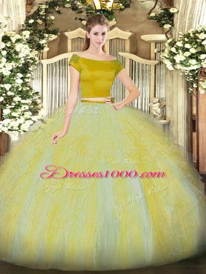 Two Pieces Ball Gown Prom Dress Gold Off The Shoulder Tulle Short Sleeves Floor Length Zipper