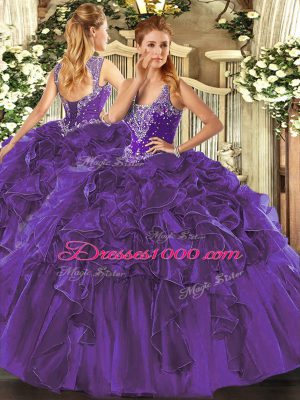 Organza Straps Sleeveless Lace Up Beading and Ruffles Quinceanera Gowns in Purple