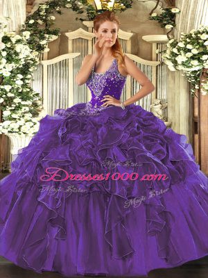 Organza Straps Sleeveless Lace Up Beading and Ruffles Quinceanera Gowns in Purple