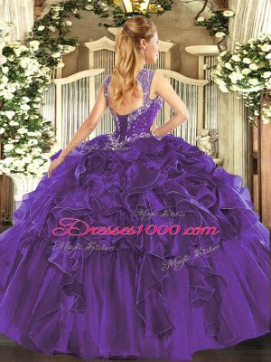 Organza Straps Sleeveless Lace Up Beading and Ruffles Quinceanera Gowns in Purple