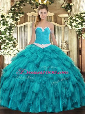 Dynamic Sleeveless Floor Length Appliques and Ruffles Lace Up 15th Birthday Dress with Teal