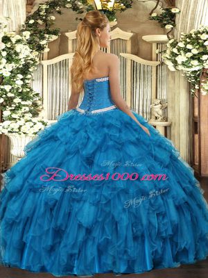 Dynamic Sleeveless Floor Length Appliques and Ruffles Lace Up 15th Birthday Dress with Teal