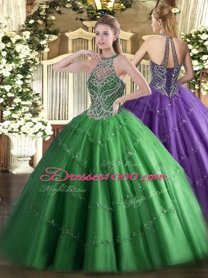 Popular Beading 15th Birthday Dress Green Lace Up Sleeveless Floor Length