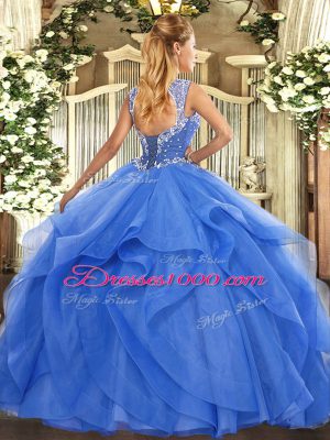 Beading and Ruffles 15 Quinceanera Dress Aqua Blue Lace Up Sleeveless Floor Length