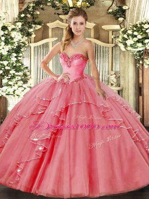 Vintage Watermelon Red Tulle Lace Up Ball Gown Prom Dress Sleeveless Floor Length Beading and Ruffled Layers