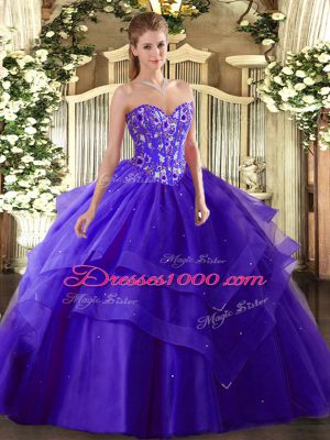 Purple Ball Gowns Embroidery and Ruffled Layers Quinceanera Dress Lace Up Tulle Sleeveless Floor Length