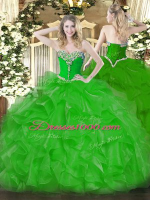 Modern Green 15th Birthday Dress Military Ball and Sweet 16 and Quinceanera with Beading and Ruffles Sweetheart Sleeveless Lace Up