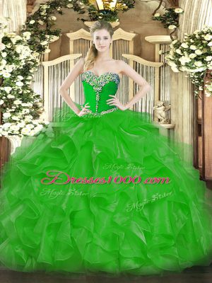 Modern Green 15th Birthday Dress Military Ball and Sweet 16 and Quinceanera with Beading and Ruffles Sweetheart Sleeveless Lace Up