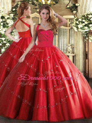 Halter Top Sleeveless Lace Up Vestidos de Quinceanera Red Tulle