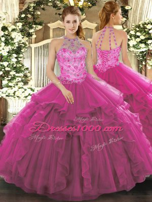 Sleeveless Organza Floor Length Lace Up Sweet 16 Quinceanera Dress in Fuchsia with Beading