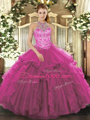 Sleeveless Organza Floor Length Lace Up Sweet 16 Quinceanera Dress in Fuchsia with Beading