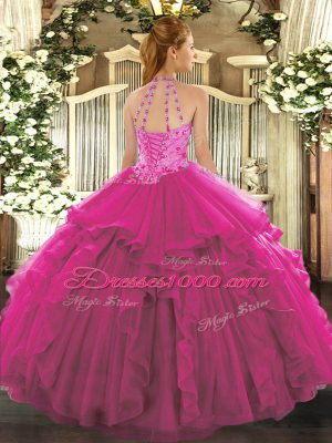 Sleeveless Organza Floor Length Lace Up Sweet 16 Quinceanera Dress in Fuchsia with Beading