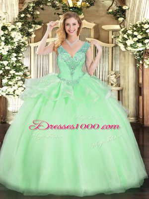 Custom Made Apple Green Ball Gowns V-neck Sleeveless Tulle Floor Length Lace Up Beading Vestidos de Quinceanera