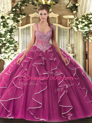 Tulle Straps Sleeveless Lace Up Beading Ball Gown Prom Dress in Fuchsia