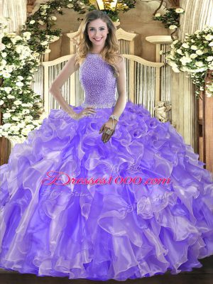 Sumptuous Sleeveless Floor Length Beading and Ruffles Lace Up Sweet 16 Dresses with Lavender