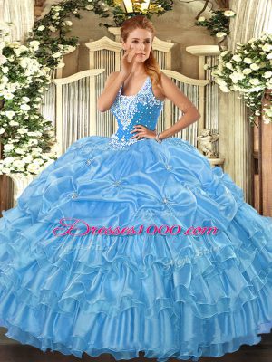 Baby Blue Quinceanera Gown Military Ball and Sweet 16 and Quinceanera with Beading and Ruffled Layers and Pick Ups Straps Sleeveless Lace Up