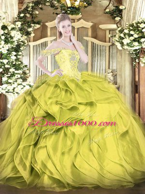 Olive Green Ball Gowns Beading and Ruffles Quince Ball Gowns Lace Up Organza Sleeveless Floor Length