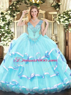 Ball Gowns 15th Birthday Dress Aqua Blue V-neck Organza Sleeveless Floor Length Lace Up