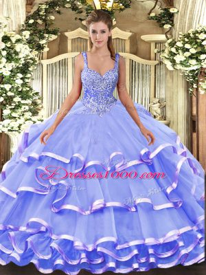 Charming Straps Sleeveless Organza Quince Ball Gowns Beading and Ruffled Layers Lace Up