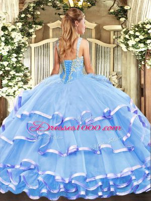 Charming Straps Sleeveless Organza Quince Ball Gowns Beading and Ruffled Layers Lace Up