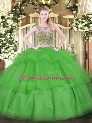 Floor Length Two Pieces Sleeveless Green 15th Birthday Dress Lace Up