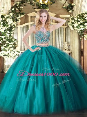 Clearance Teal Lace Up Scoop Beading 15 Quinceanera Dress Tulle Sleeveless