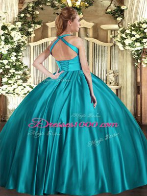 On Sale Floor Length Turquoise Quinceanera Dresses Satin Sleeveless Ruching