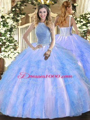 Baby Blue Sleeveless Floor Length Beading and Ruffles Lace Up Ball Gown Prom Dress