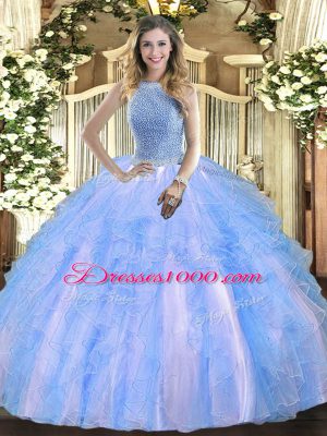 Baby Blue Sleeveless Floor Length Beading and Ruffles Lace Up Ball Gown Prom Dress