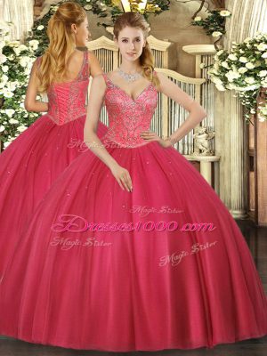 Dynamic Red Tulle Lace Up Quinceanera Dress Sleeveless Floor Length Beading