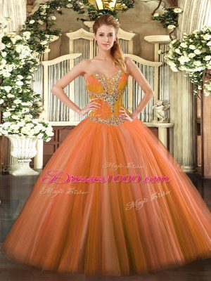 Orange Red Ball Gown Prom Dress Sweet 16 and Quinceanera with Beading Sweetheart Sleeveless Lace Up