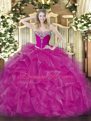 Cheap Fuchsia Ball Gowns Sweetheart Sleeveless Organza Floor Length Lace Up Beading and Ruffles Sweet 16 Dresses