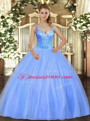 Dynamic Sleeveless Floor Length Beading Lace Up Ball Gown Prom Dress with Blue
