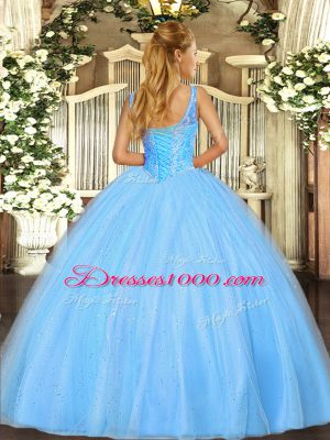 Dynamic Sleeveless Floor Length Beading Lace Up Ball Gown Prom Dress with Blue