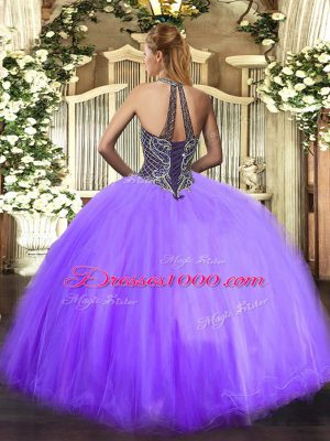 Excellent Lilac Halter Top Neckline Beading Ball Gown Prom Dress Sleeveless Lace Up
