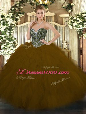 Chic Brown Ball Gowns Sweetheart Sleeveless Tulle Floor Length Lace Up Beading and Ruffles Ball Gown Prom Dress