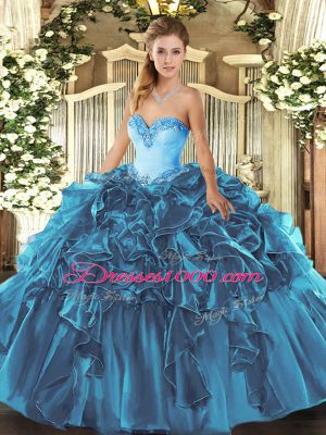 Teal Organza Lace Up Ball Gown Prom Dress Sleeveless Floor Length Beading and Ruffles