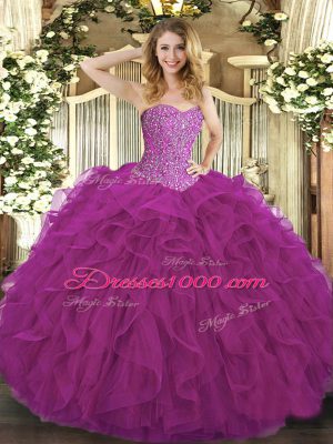 Popular Ball Gowns 15 Quinceanera Dress Fuchsia Sweetheart Tulle Sleeveless Floor Length Lace Up