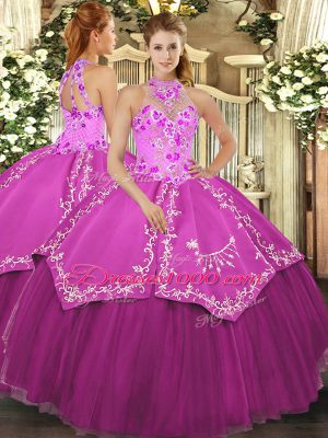 Attractive Halter Top Sleeveless 15th Birthday Dress Floor Length Beading and Embroidery Fuchsia Satin and Tulle