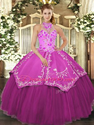 Attractive Halter Top Sleeveless 15th Birthday Dress Floor Length Beading and Embroidery Fuchsia Satin and Tulle
