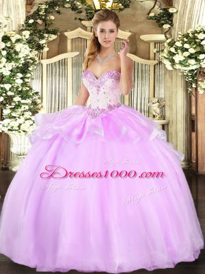 Sweetheart Sleeveless Quinceanera Gown Floor Length Beading Lilac Organza