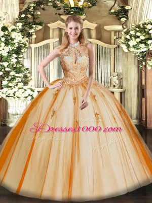 Colorful Orange Red Tulle Lace Up Vestidos de Quinceanera Sleeveless Floor Length Lace and Appliques
