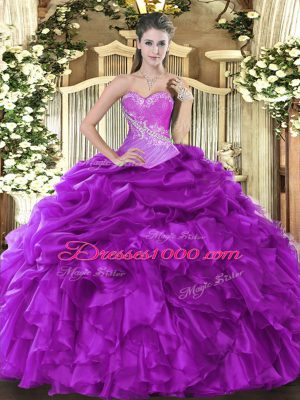 Artistic Eggplant Purple Organza Lace Up Sweet 16 Dress Sleeveless Floor Length Beading and Ruffles and Pick Ups