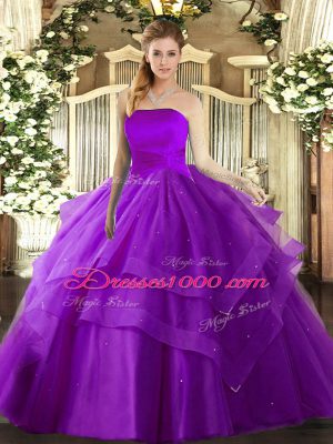 Fitting Eggplant Purple Strapless Lace Up Ruffled Layers Quinceanera Gowns Sleeveless